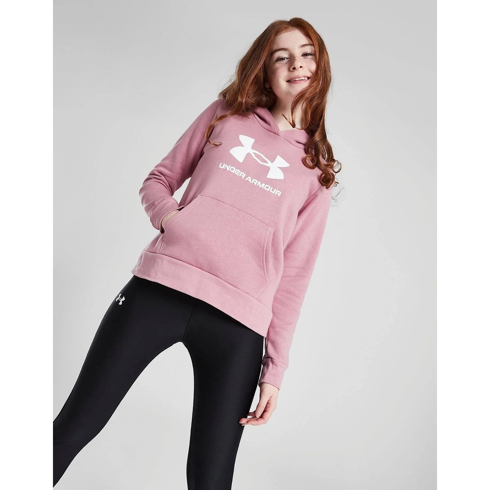 Under Armour Girl's Rival Fleece Hoodie Pink Logo Pullover Sweatshirt YLG Large